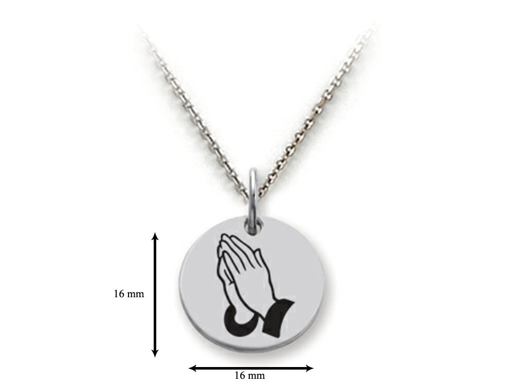 Stellar White 925 Sterling Silver Praying Hands Disc Pendant Necklace - Chain Included