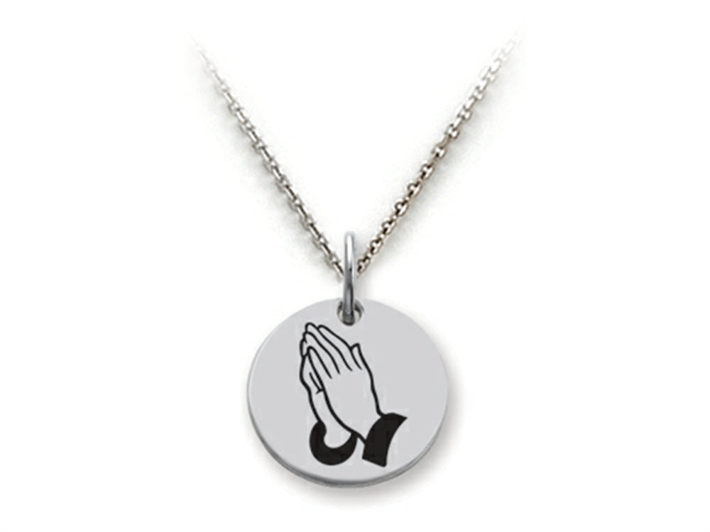 Stellar White 925 Sterling Silver Praying Hands Disc Pendant Necklace - Chain Included