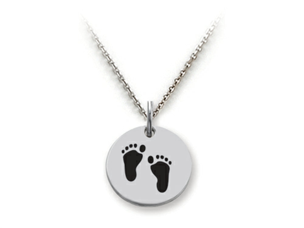 Stellar White 925 Sterling Silver Footprints Disc Pendant Necklace - Chain Included