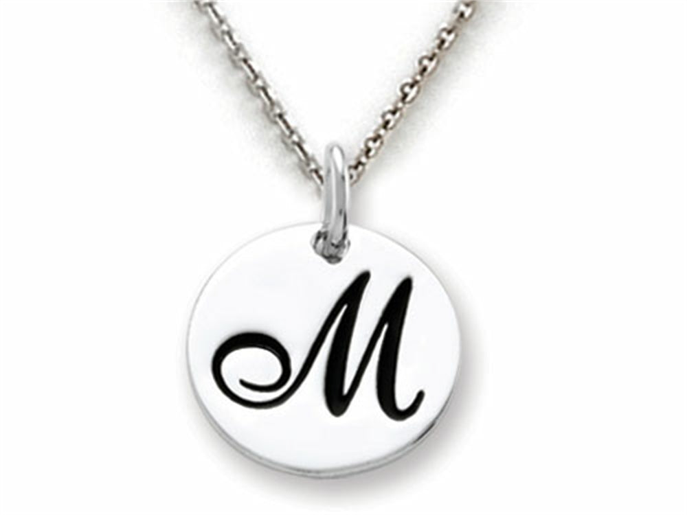 Stellar White 925 Sterling Silver Initial M Personalized Alphabet Disc Pendant Necklace Chain Included