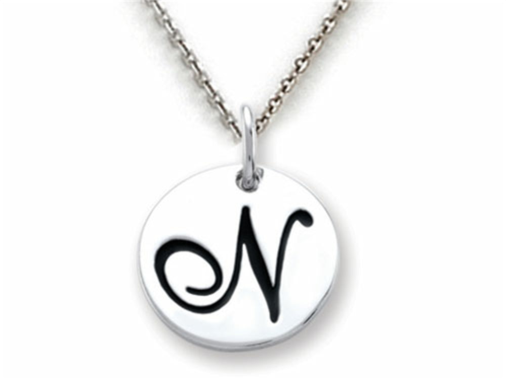 Stellar White 925 Sterling Silver Initial N Personalized Alphabet Disc Pendant Necklace Chain Included