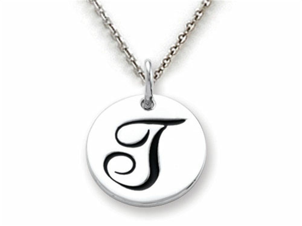 Stellar White 925 Sterling Silver Initial T Personalized Alphabet Disc Pendant Necklace Chain Included