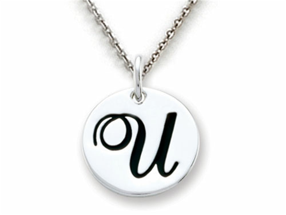 Stellar White 925 Sterling Silver Initial U Personalized Alphabet Disc Pendant Necklace Chain Included