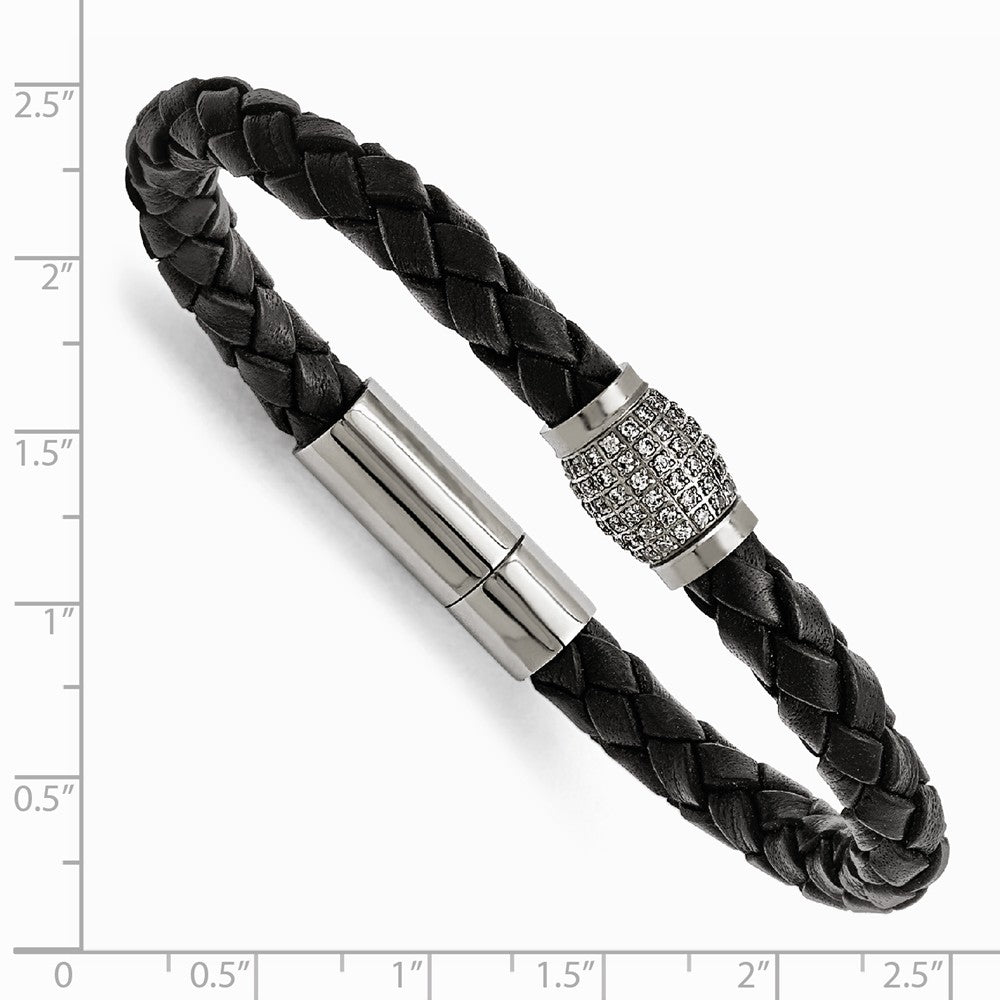 Chisel Titanium Polished CZs Black Leather Bracelet