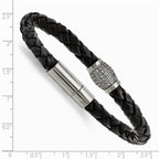 Chisel Titanium Polished CZs Black Leather Bracelet