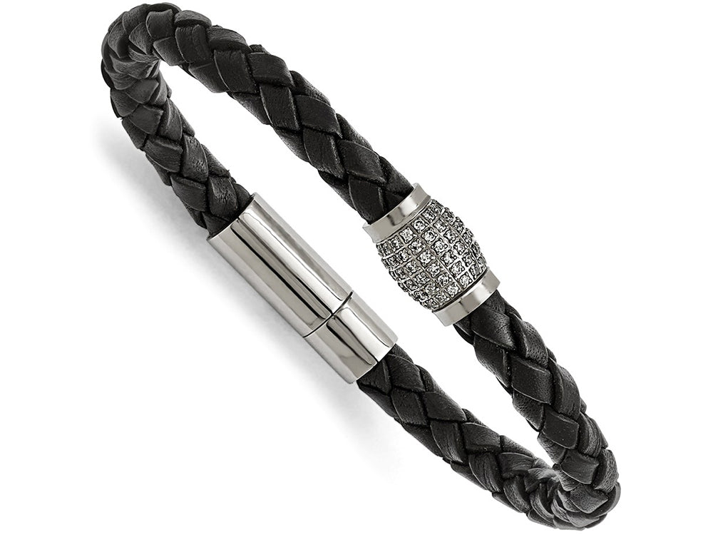 Chisel Titanium Polished CZs Black Leather Bracelet