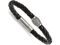 Chisel Titanium Polished CZs Black Leather Bracelet