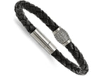 Chisel Titanium Polished CZs Black Leather Bracelet