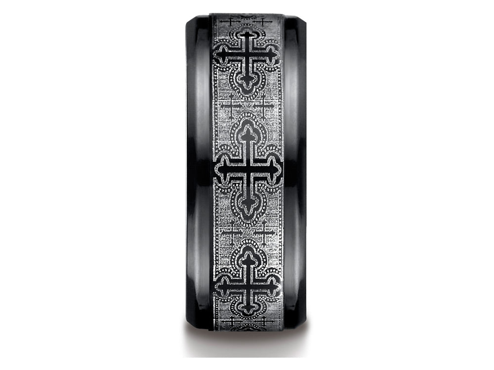 Benchmark Black Titanium 9mm Comfort-Fit Cathedral Cross Design  Wedding Band / Ring