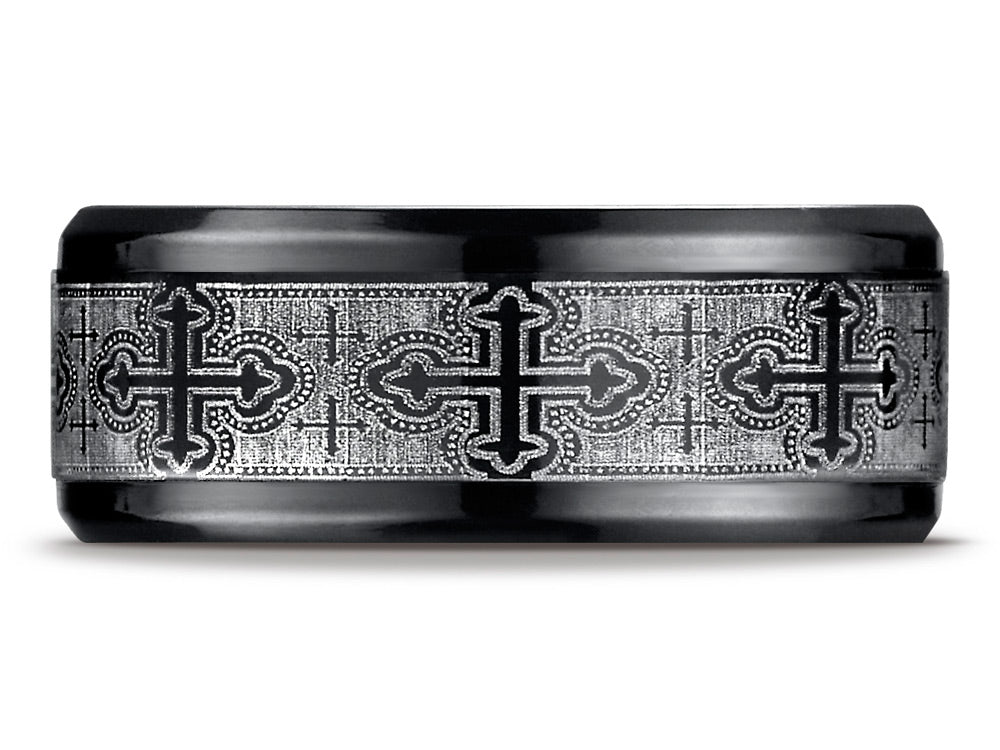 Benchmark Black Titanium 9mm Comfort-Fit Cathedral Cross Design  Wedding Band / Ring