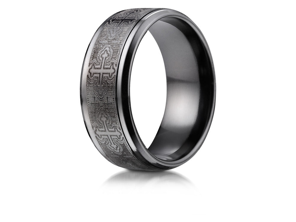 Benchmark Black Titanium 9mm Comfort-Fit Cathedral Cross Design  Wedding Band / Ring