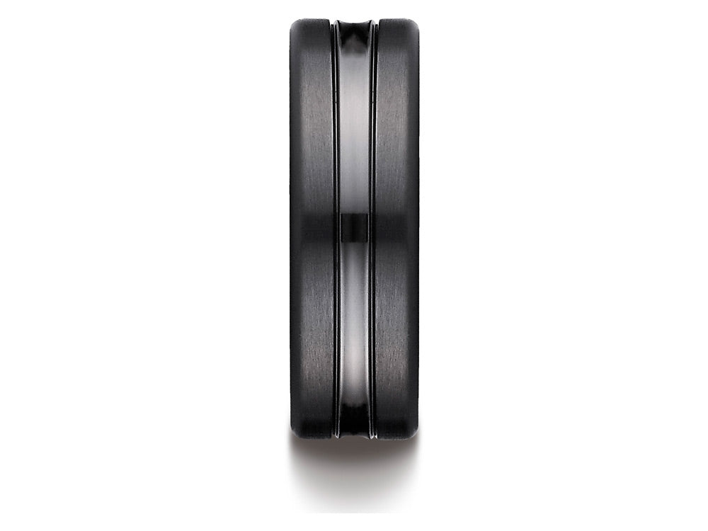 Benchmark Black Titanium 7.5mm Comfort-fit Satin-finished High Polished Center Cut Carved Design Wedding Band Ring