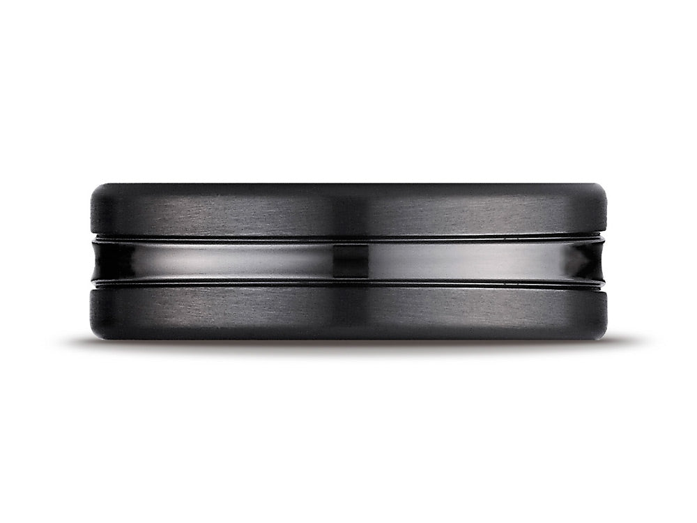 Benchmark Black Titanium 7.5mm Comfort-fit Satin-finished High Polished Center Cut Carved Design Wedding Band Ring