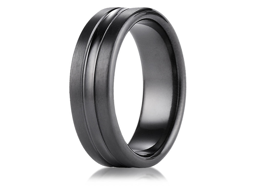 Benchmark Black Titanium 7.5mm Comfort-fit Satin-finished High Polished Center Cut Carved Design Wedding Band Ring