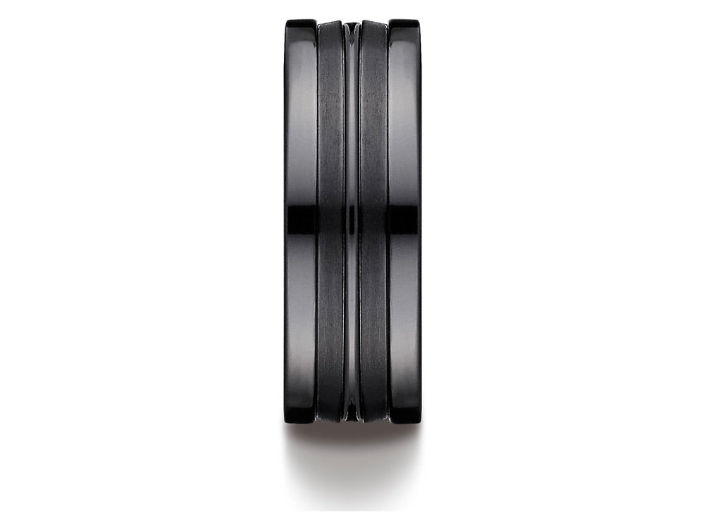 Benchmark Black Titanium 8mm Comfort-Fit Satin with Polished Center Squared Edge Carved Wedding Band