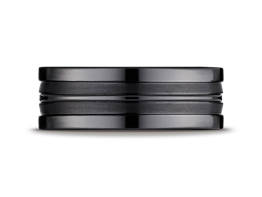 Benchmark Black Titanium 8mm Comfort-Fit Satin with Polished Center Squared Edge Carved Wedding Band