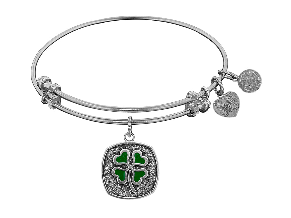 Angelica Collection Antique White Stipple Finish Brass four Leaf Clover --enamel Expandable Bangle