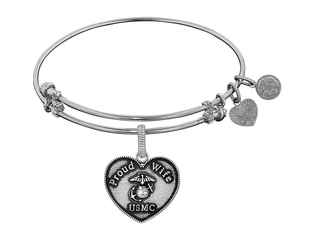 Angelica Collection Brass with White Finish Proud Wife U.S. Marine Corps Heart Shaped Expandable Bangle