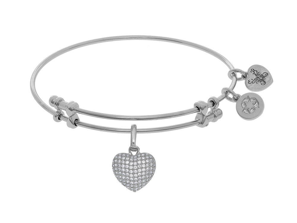 Angelica Collection Brass With White Heart Charm With White CZ On Whit E Bangle