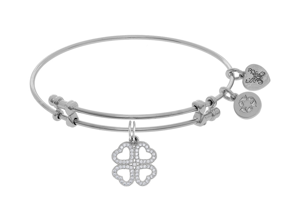 Angelica Collection Brass With White Heart Clover Charm With White CZ On White Bangle