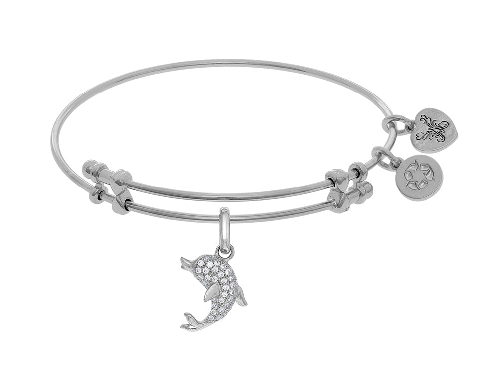 Brass With White Finish Charm With White CZ Single Dolphin On White Angelica Collection Bangle