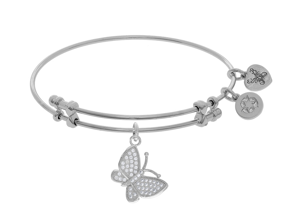 Brass With White Finish Charm With White CZ Closed Butterfly On White Angelica Collection Bangle