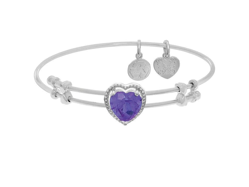 Brass With White Finish Heart Charm With Purple Cubic Zirconia On White Angelica Collection Bangle