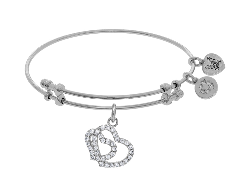 Angelica Collection Brass With White Double Heart Charm With White CZ On White Bangle