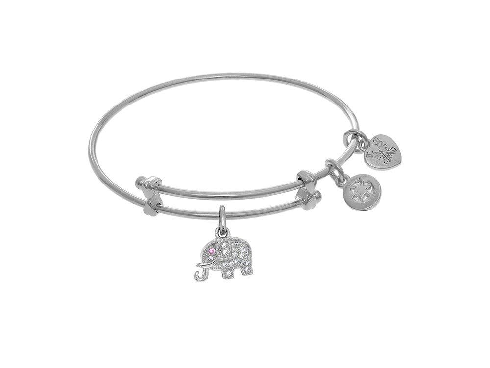Angelica Collection White Finish Expandable Tween Brass Bangle El Ephant Charm Cubic Zirconia In White Finish (Small)