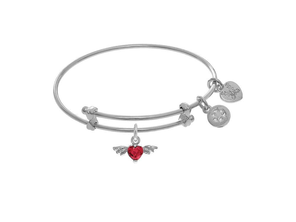 Brass White Finish Red Heart Cubic Zirconia and Angel Wings Charm On White Angelica Collection Tween Bangle (Small)